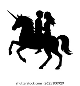a couple of Unicorn Rides in Silhouette. vector representing love and affection, perfect for Valentine's Day concepts.