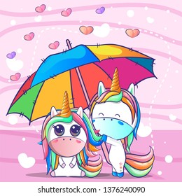a couple unicorn under an umbrella. Can be used for baby t-shirt print, fashion print design, kids wear, baby shower celebration greeting and invitation card. - Vector