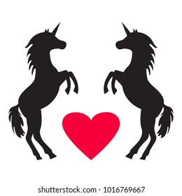 Couple unicorns with heart, black and red silhouettes isolated on white background. Festive card. Vector illustration