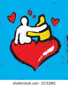 Couple. The unrecognizable persons are hugging each other on the big heart. Illustration is like a metaphors of big feeling.