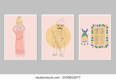 couple from Upper Egypt with traditional clothing,creative freehand composition in contemporary abstract style with colorful geometric elements. Tempura design for print, canvas, poster