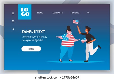 couple with usa flag celebrating 4th of july american independence day celebration concept man woman having fun full length horizontal copy space vector illustration