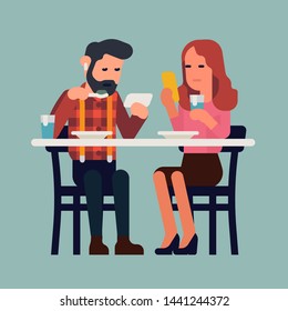 Couple uses a phone while having a meal. Technology addicted man and woman eating together concept vector illustration in flat design. Technology impact on everyday life