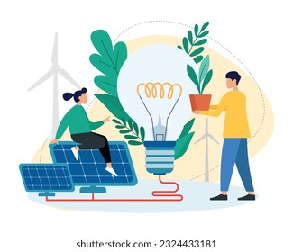 Couple uses solar panels to light house. Man takes care of plants. Light bulb is connected to solar panel. Cartoon characters using green energy sources