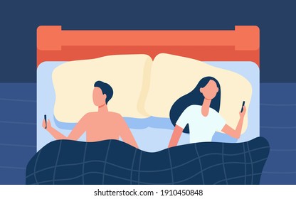 Couple using cellphones in bedroom. People lying in bed, looking at gadget screens. Flat vector illustration. Insomnia, sleep problem concept for banner, website design or landing web page