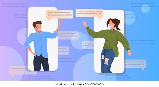 couple using chatting app social network chat bubble communication concept man woman in smartphone screens online mobile application portrait horizontal vector illustration