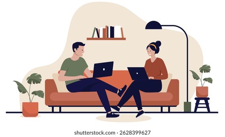 Casal usando o computador enquanto está sentado no sofá em casa - Duas pessoas com laptops relaxando ou trabalhando em casa na sala de estar juntas. Ilustração de vetor de design plano isolada no fundo branco