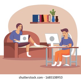 couple using computers work at home vector illustration design