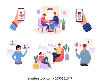 Couple using dating app. Man and woman use mobile phone online date application, meeting chat in smartphone, love correspondence search match romantic pair vector. Illustration of love online app