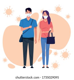 couple using face mask for corona virus vector illustration design