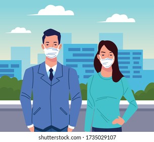 couple using face mask for corona virus vector illustration design