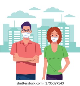 Couple Using Face Mask For Corona Virus Vector Illustration Design