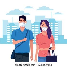 pareja que usa máscara facial para el diseño de la ilustración del vector del virus corona