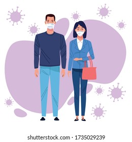 couple using face mask for corona virus vector illustration design