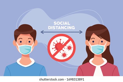 couple using face mask with covid19 particles vector illustration design