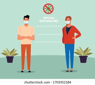 couple using face mask for covid19 in the house vector illustration design