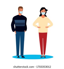 couple using face mask for covid19 vector illustration design