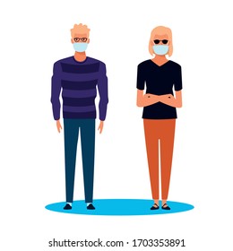 couple using face mask for covid19 vector illustration design