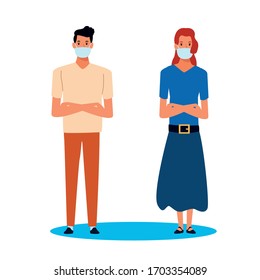 pareja que usa máscara facial para el diseño de ilustraciones vectoriales covid19