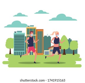 couple using face mask for covid19 vector illustration design