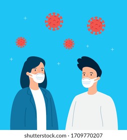 Couple Using Face Mask With Particles Covid 19 Vector Illustration Design