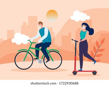 couple using face mask practicing exercise in landscape vector illustration design