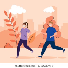 couple using face mask running in landscape vector illustration design