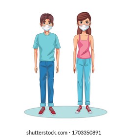 Paar mit Gesichtsmasken-Zeichen Vektorillustration-Design