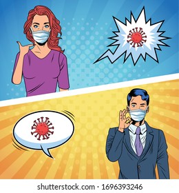 couple using face masks and covid19 particles pop art style vector illustration design