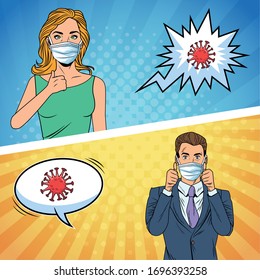 couple using face masks and covid19 particles pop art style vector illustration design