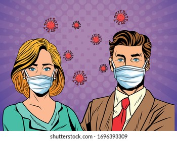 couple using face masks and covid19 particles pop art style vector illustration design