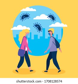 couple using face masks with covid19 particles vector illustration design