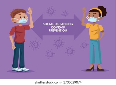 couple using face masks and practicing social distance vector illustration design
