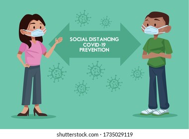 couple using face masks and practicing social distance vector illustration design