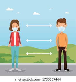 couple using face masks with social distancing for covid19 vector illustration design