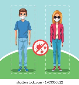 pareja que usa máscaras faciales con señal stop covid19 en el diseño de ilustración del vector de parque