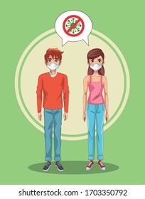 couple using face masks with stop covid19 signal vector illustration design