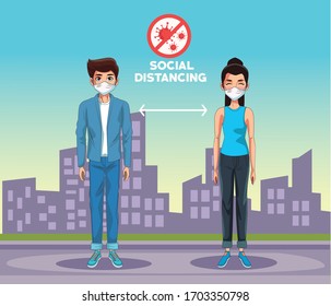 couple using face masks with stop covid19 signal on the city vector illustration design
