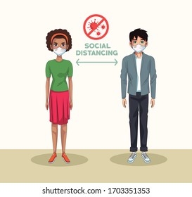 couple using face masks with stop covid19 signal vector illustration design