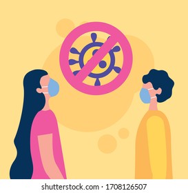 couple using face masks with stop covid19 signal vector illustration design