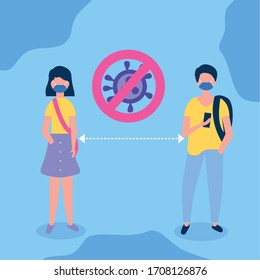 couple using face masks with stop covid19 signal vector illustration design