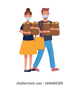 couple using face masks in supermarket vector illustration design