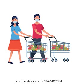 couple using face masks in supermarket vector illustration design