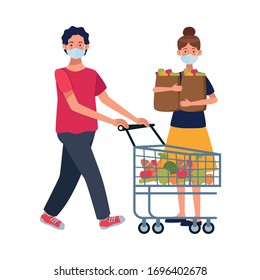couple using face masks in supermarket vector illustration design