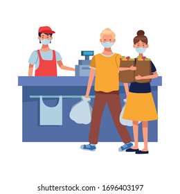couple using face masks in supermarket vector illustration design