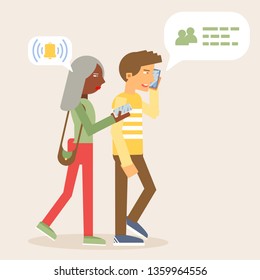 Couple using gadgets flat vector illustration. Friends socializing, chatting via smartphones. Cartoon boy and girl. Online communication technologies. Mobile phone banner, advertisement design element