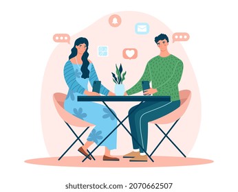 Couple using gadgets. Young men and women sitting at table and looking at smartphones. Communication at distance. Online chat. Romantic date with digital devices. Cartoon flat vector illustration