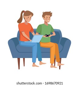 couple using laptop and playing video game vector illustration design