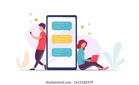 Couple using laptop smart phone communicate with each other. Pretty woman and man near large phone use mobile application to send messages, dating and relationships.