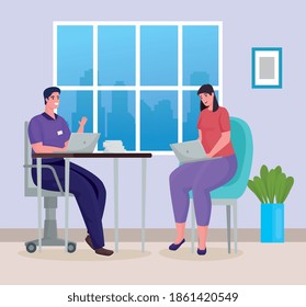 couple using laptops for meeting online in the workplace vector illustration design